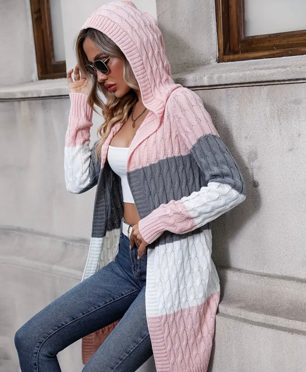 Hooded Cable knit Cardigan